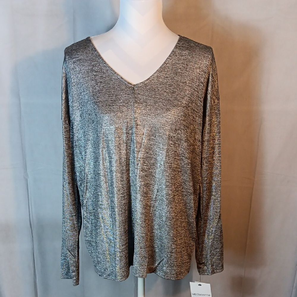 Liz Claiborne Metallic Silver V-Neck Long Sleeve Top